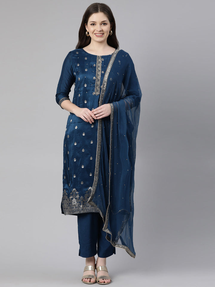 Neerus Blue printed straight suit set - front view