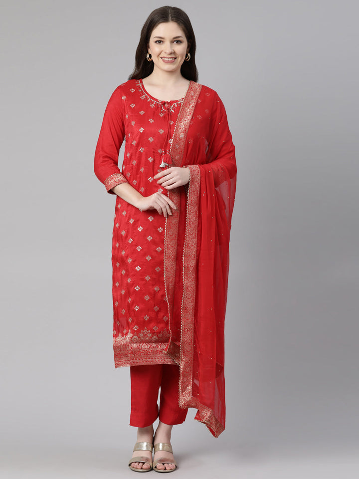 Neerus Red printed kurta set with trousers and dupatta - front view