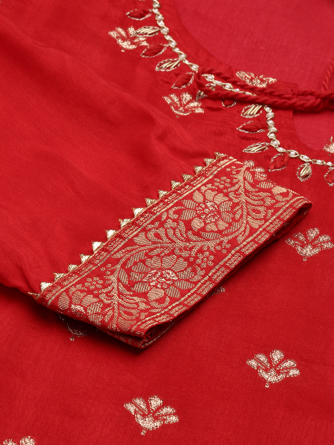 Neerus Red printed kurta set with trousers and dupatta - detail view 1