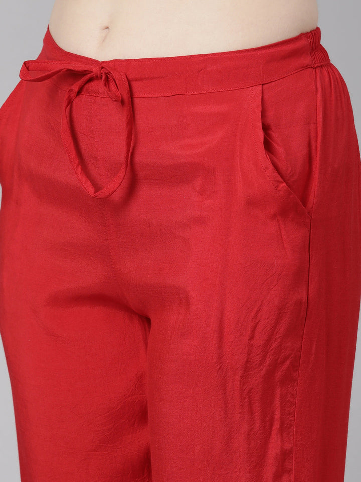 Neerus Red printed kurta set with trousers and dupatta - detail view 3
