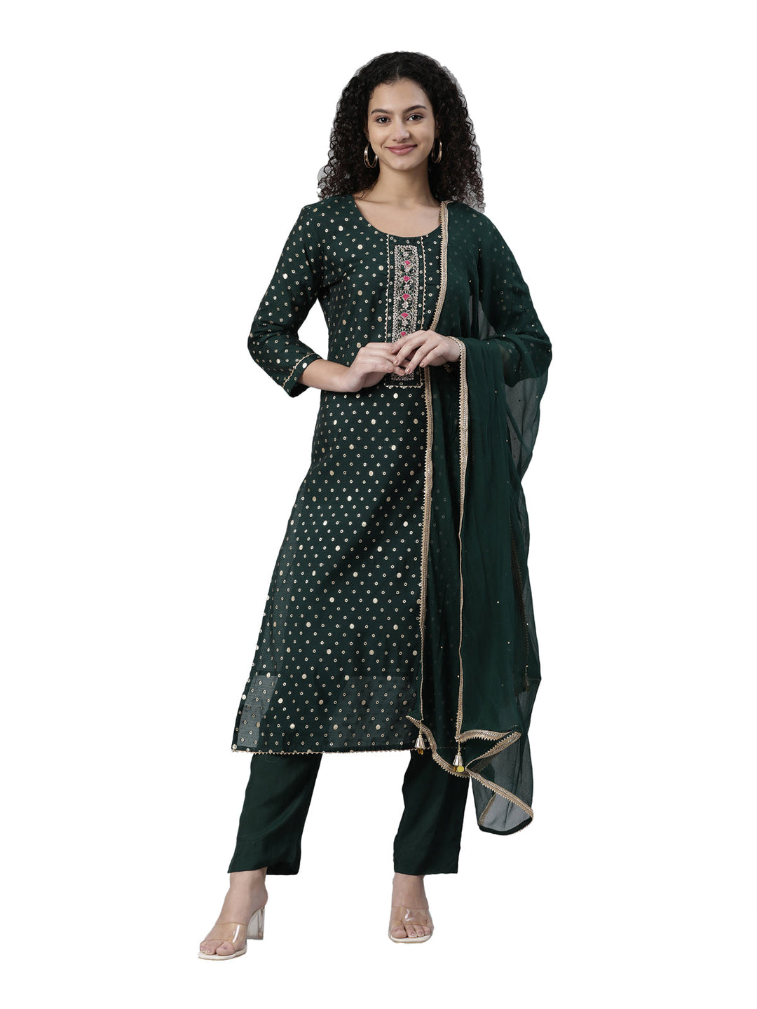 Neerus Green Chanderi Printed Kurta Set - front view
