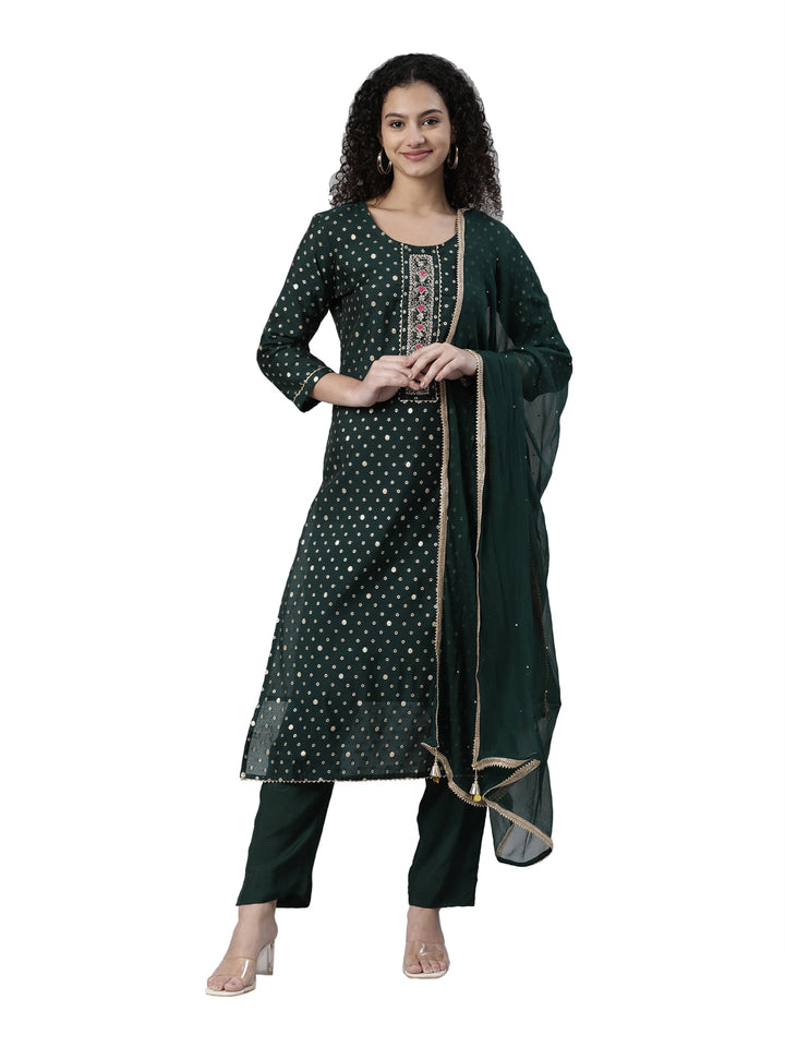 Neerus Green Chanderi Printed Kurta Set - front view