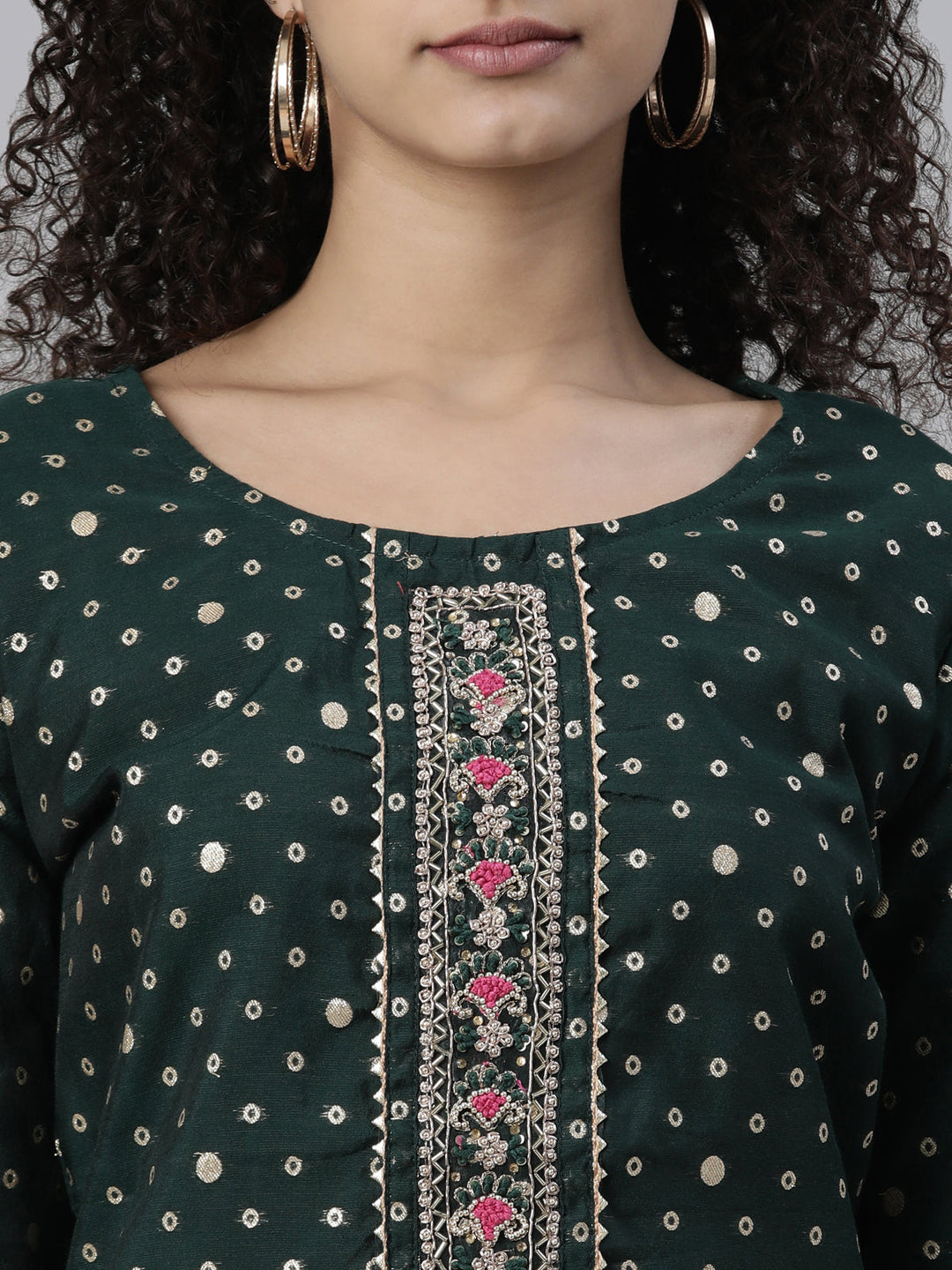 Neerus Green Chanderi Printed Kurta Set - detail view 1