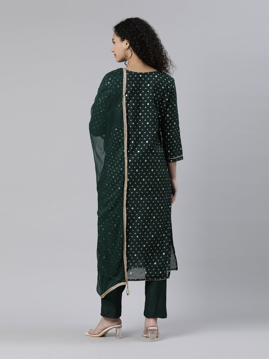 Neerus Green Chanderi Printed Kurta Set - side view