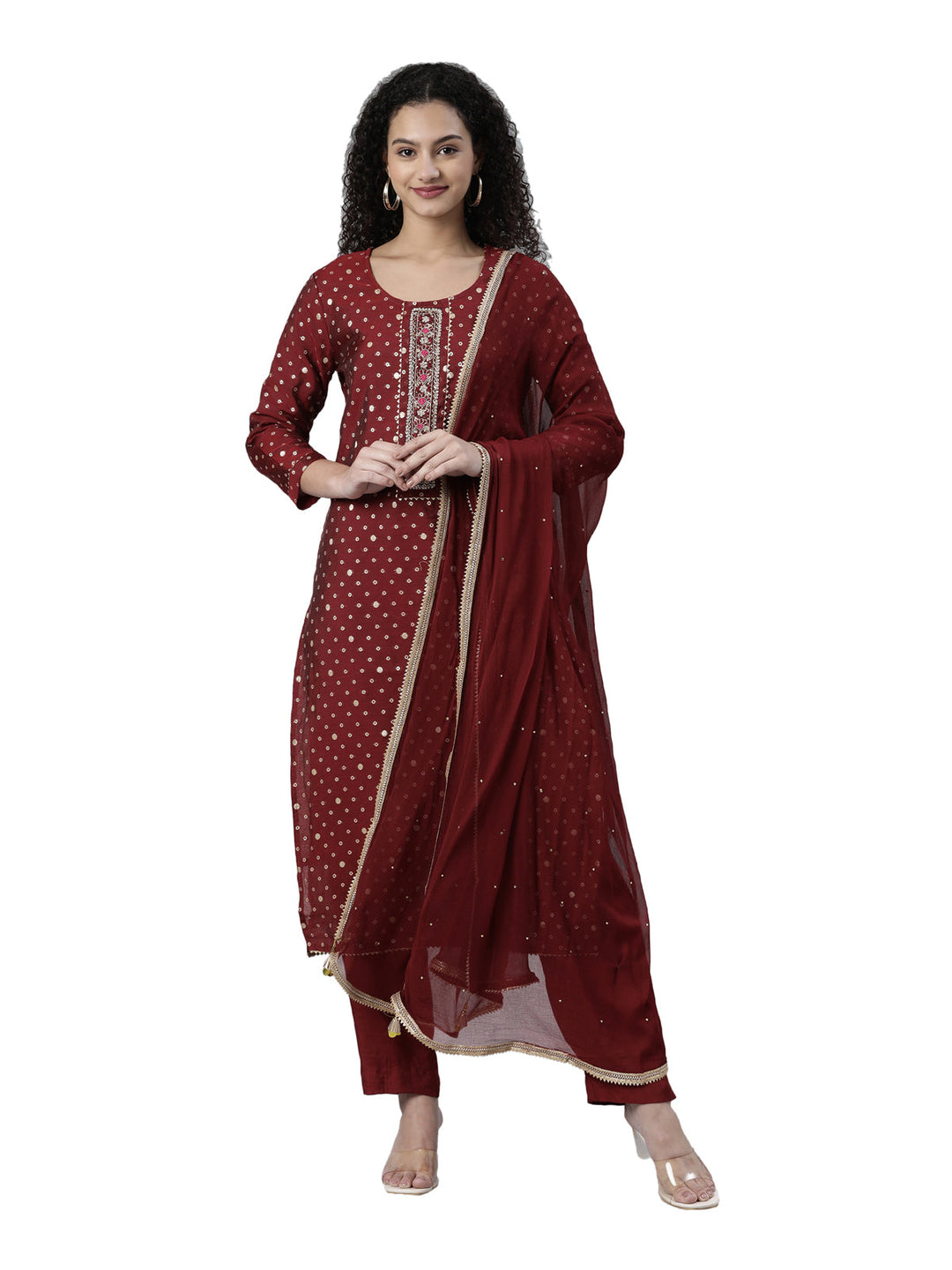 Neerus Maroon Jute Cotton Printed Suit Set - front view