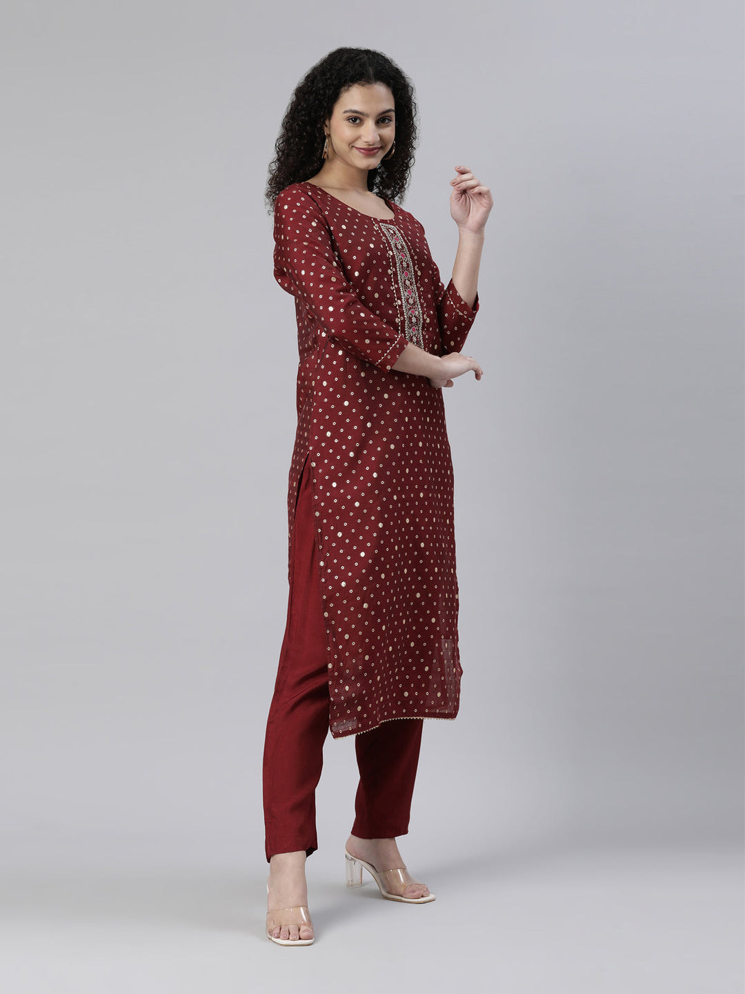 Neerus Maroon Jute Cotton Printed Suit Set - back view