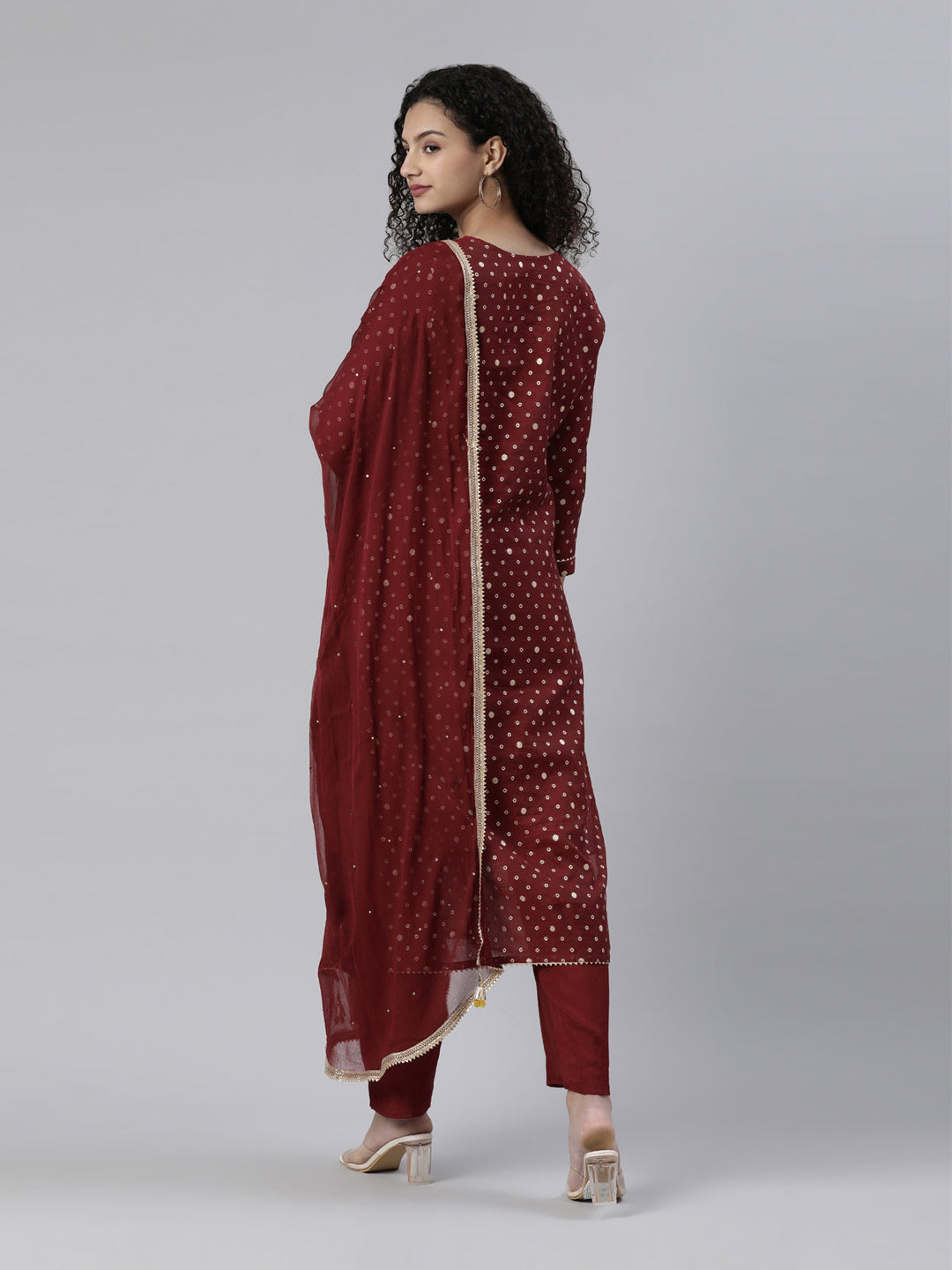 Neerus Maroon Jute Cotton Printed Suit Set - side view
