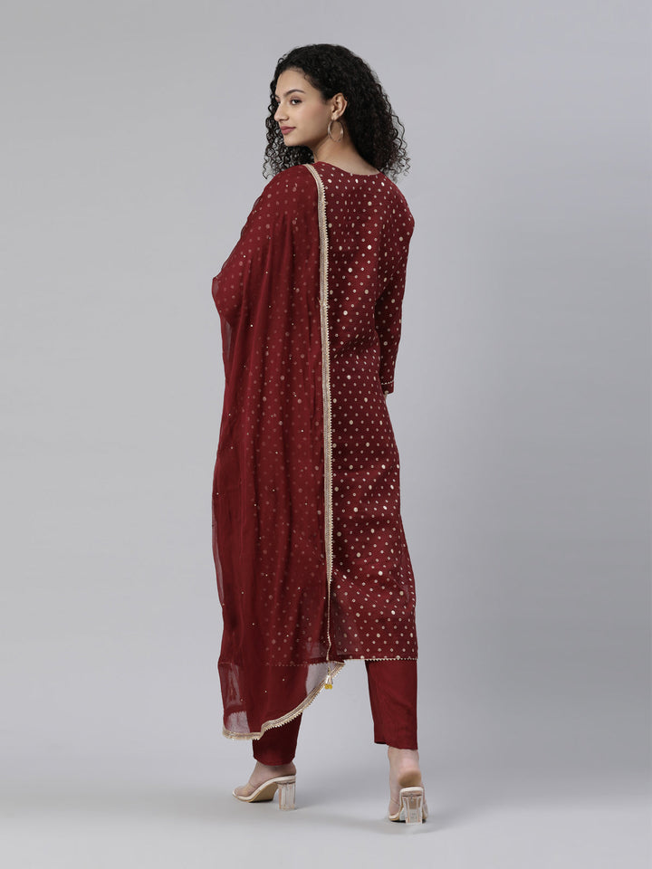 Neerus Maroon Jute Cotton Printed Suit Set - side view