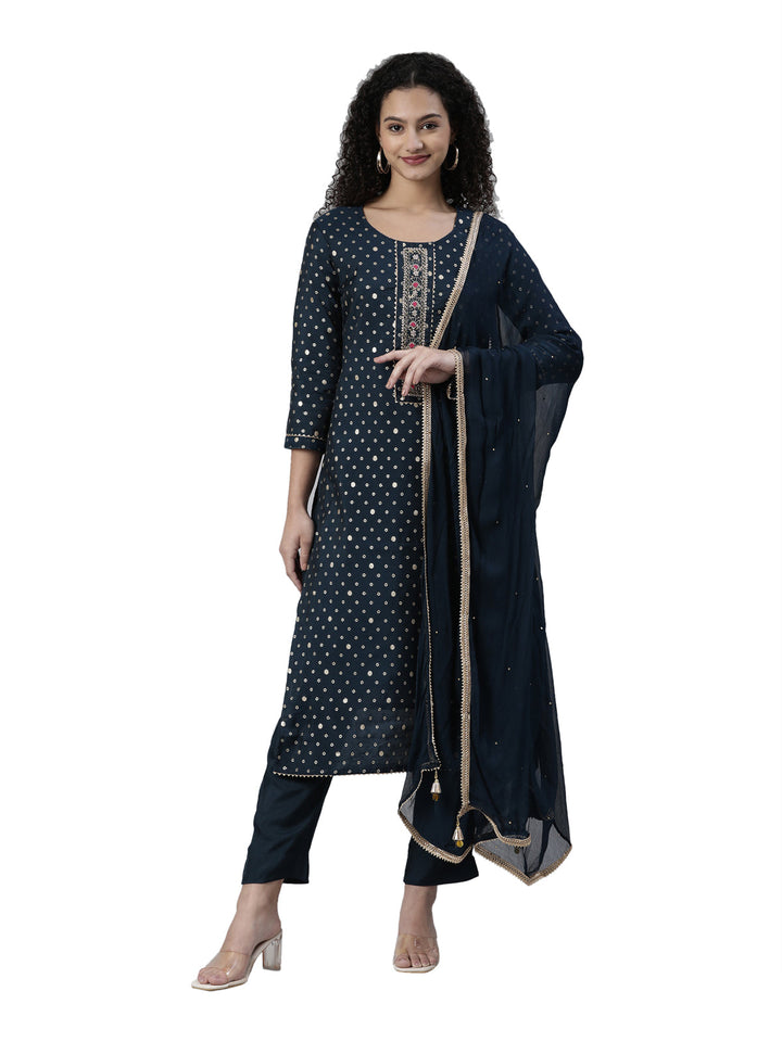 Neerus Blue Chanderi Printed Suit Set - front view
