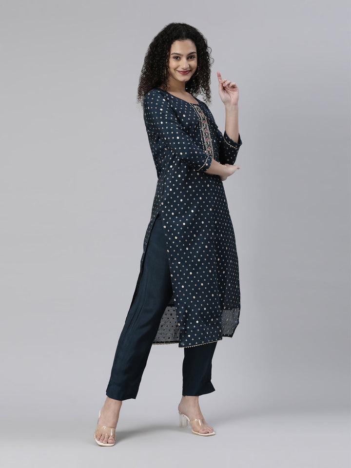 Neerus Blue Chanderi Printed Suit Set - back view