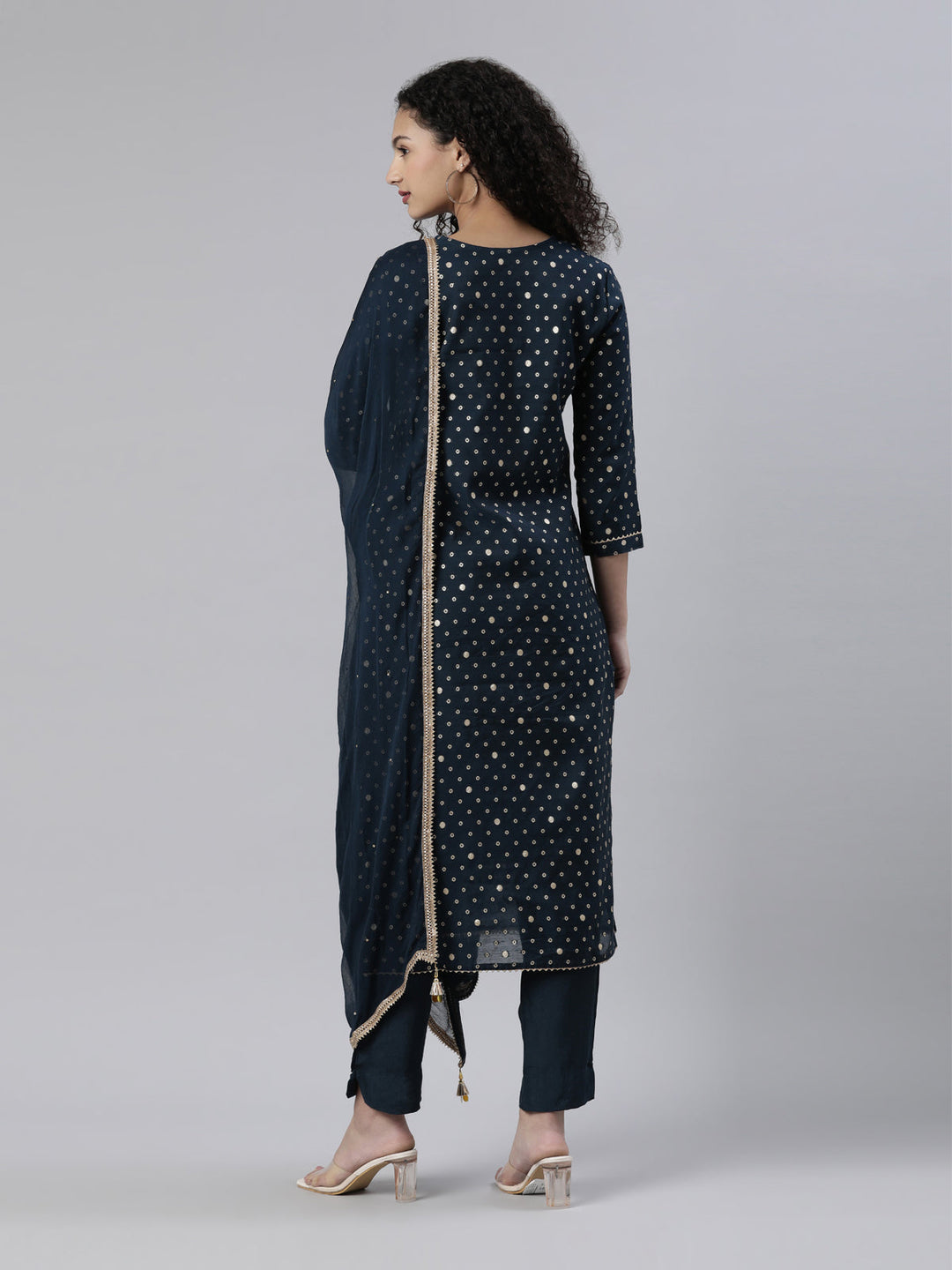 Neerus Blue Chanderi Printed Suit Set - side view
