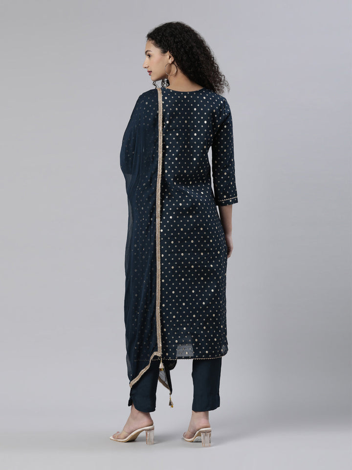 Neerus Blue Chanderi Printed Suit Set - side view