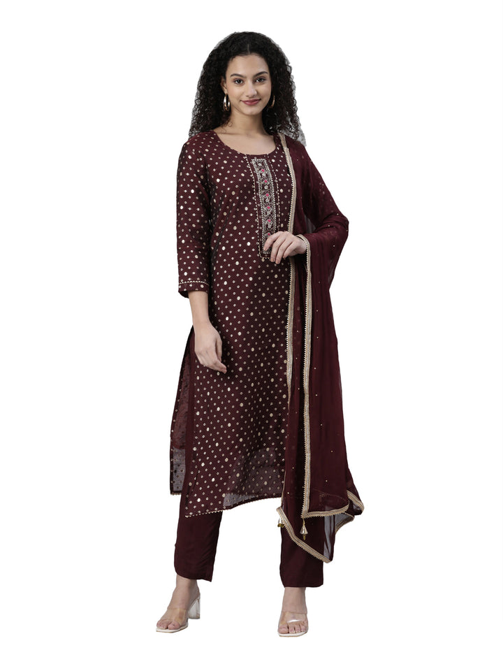 Neerus Maroon Chanderi Printed Kurta Set - front view