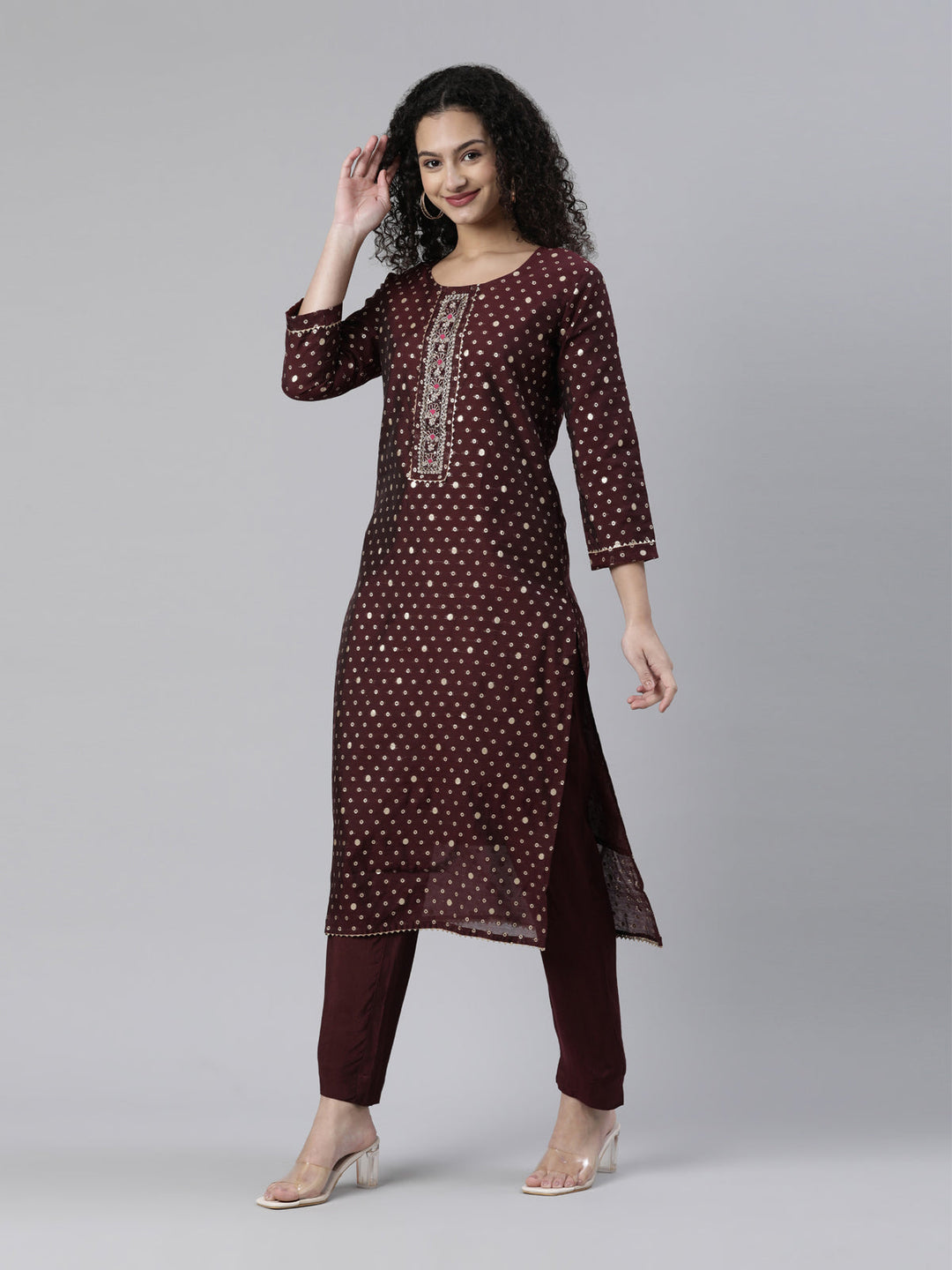 Neerus Maroon Chanderi Printed Kurta Set - back view