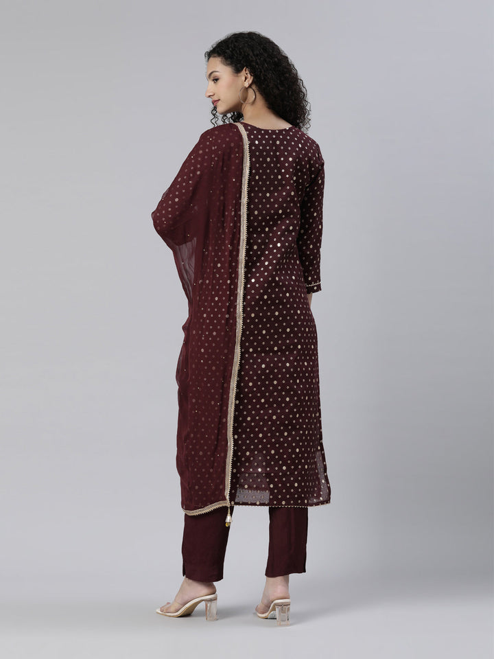 Neerus Maroon Chanderi Printed Kurta Set - side view