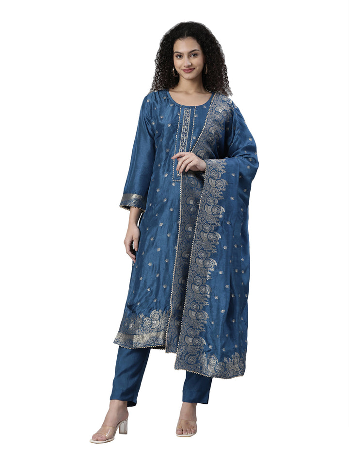 Neerus Blue printed suit set with trouser and dupatta - front view