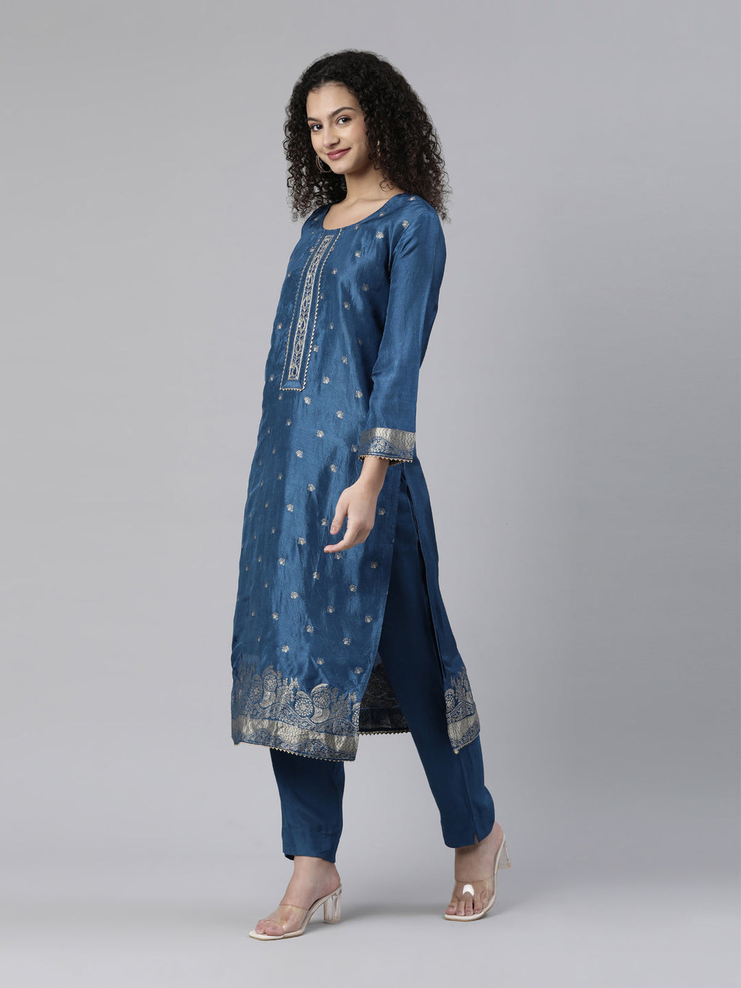 Neerus Blue printed suit set with trouser and dupatta - back view