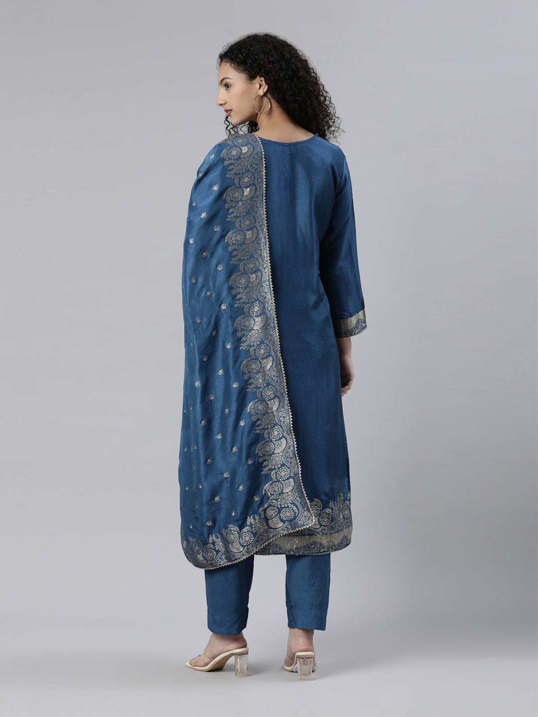 Neerus Blue printed suit set with trouser and dupatta - side view