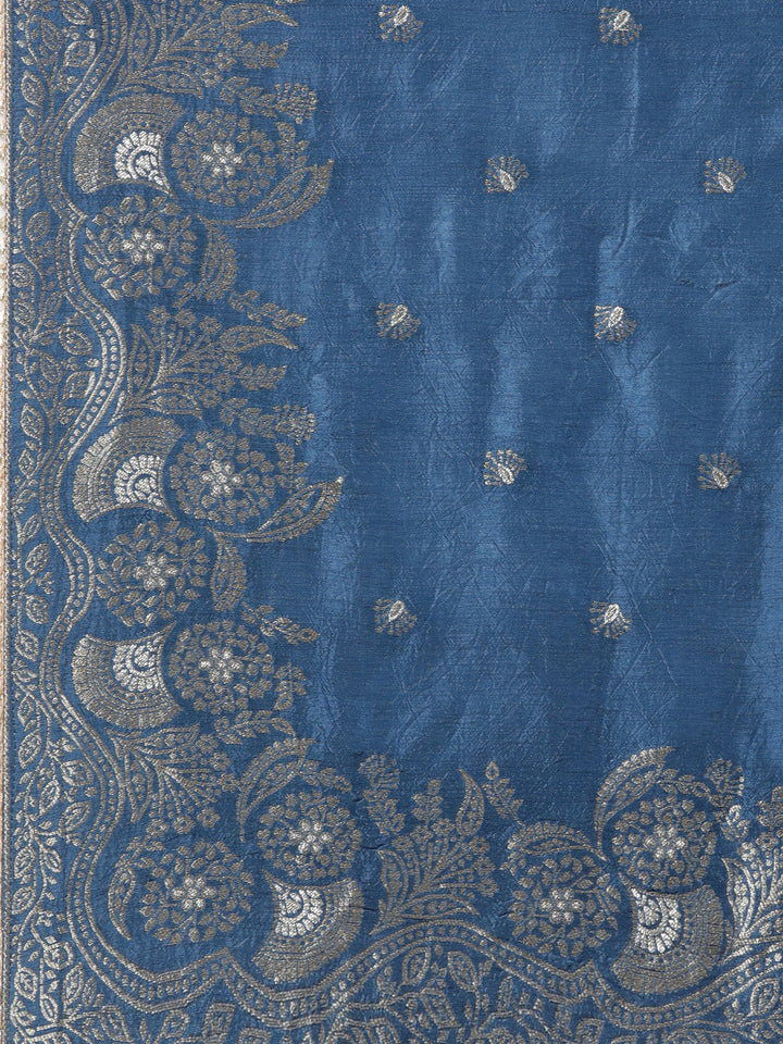 Neerus Blue printed suit set with trouser and dupatta - detail view 3