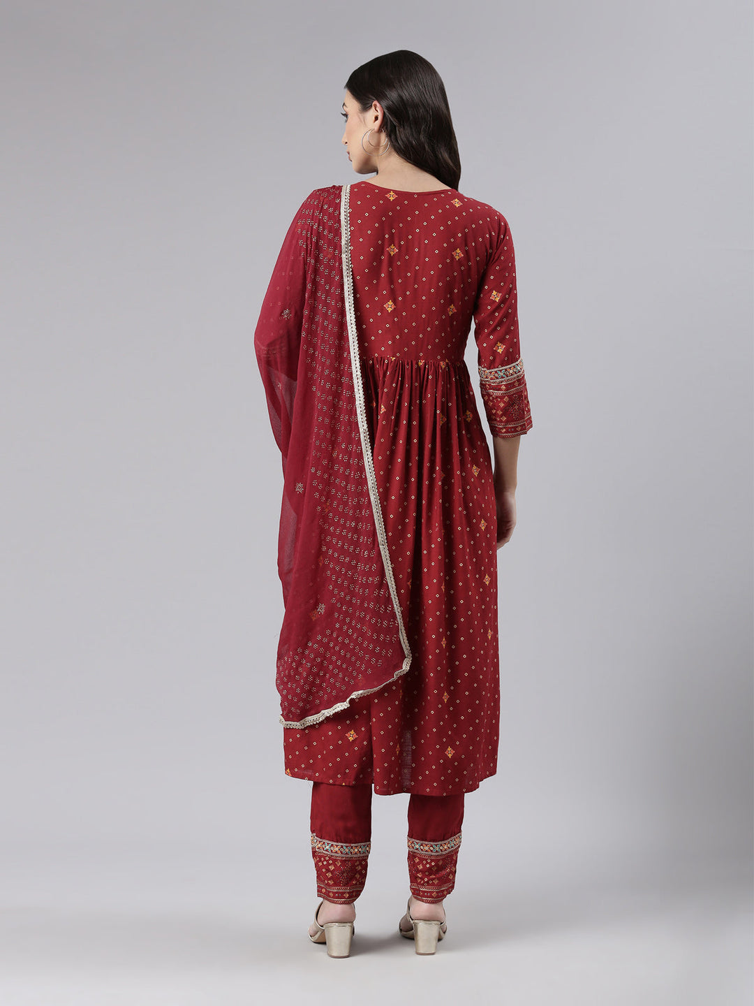 Neerus Maroon printed kurta set with trouser and dupatta - side view