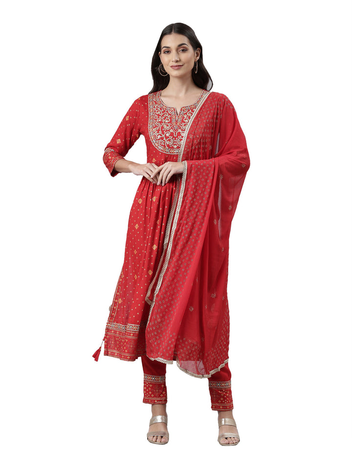 Neerus Red printed kurta set with trouser and dupatta - front view