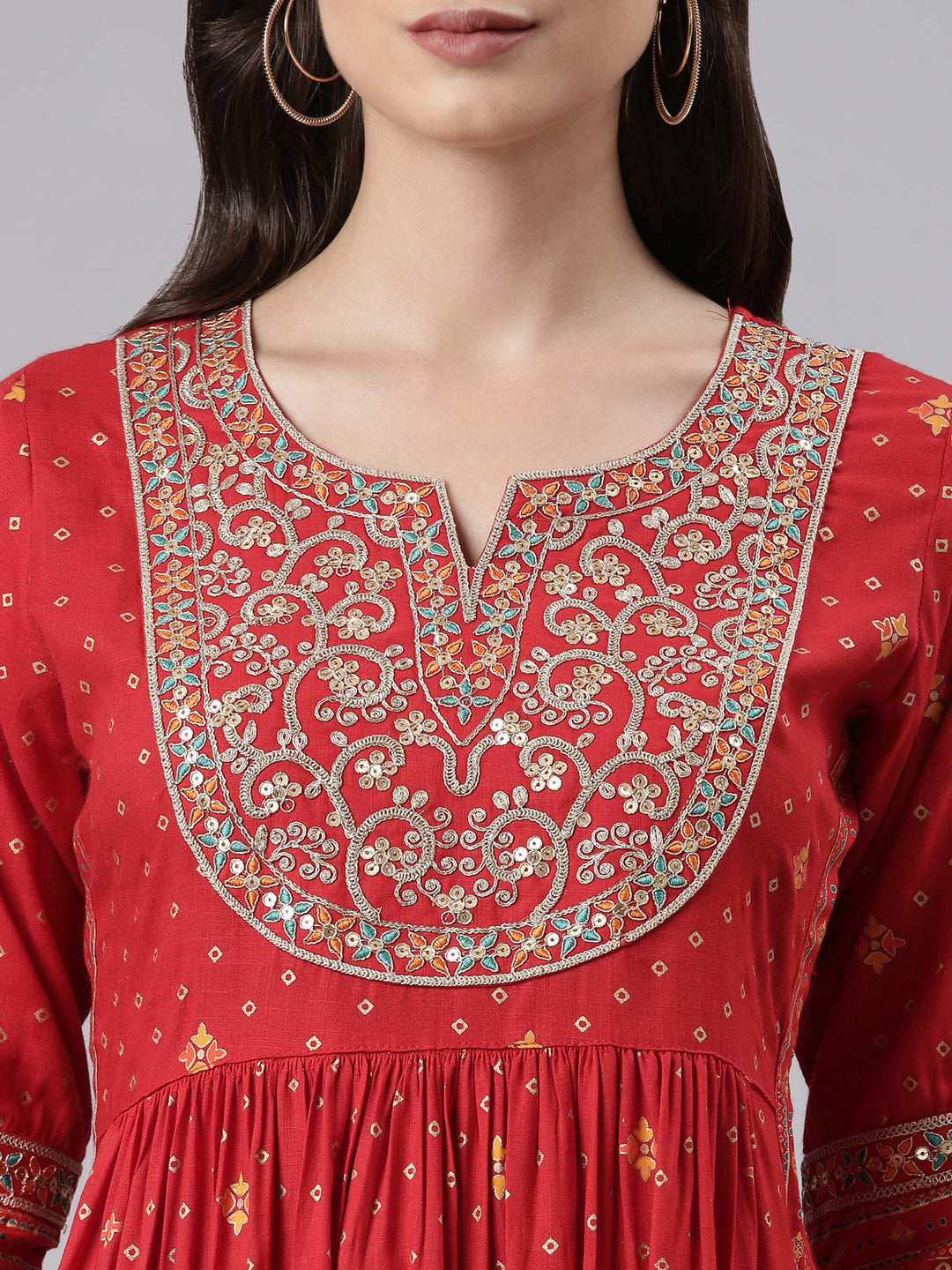 Neerus Red printed kurta set with trouser and dupatta - detail view 1