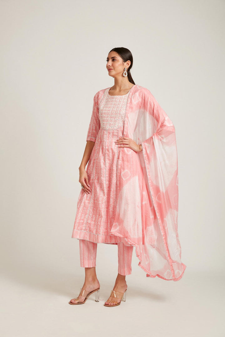 Neerus Pink cotton mirror work kurta set - front view