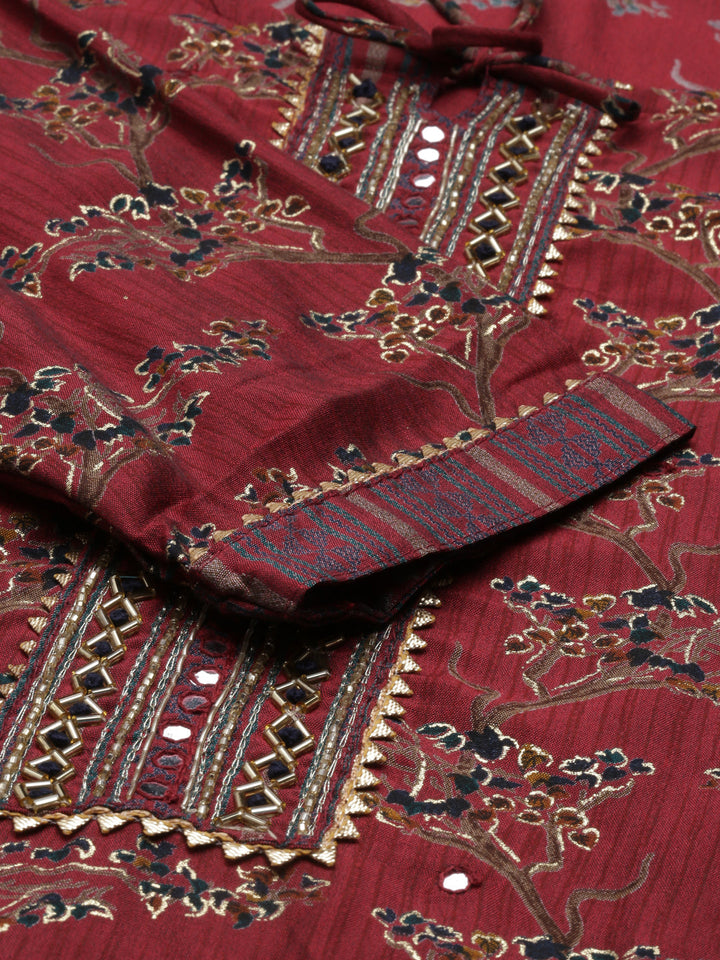 Neerus Maroon Shantoon embellished kurta set - detail view 5