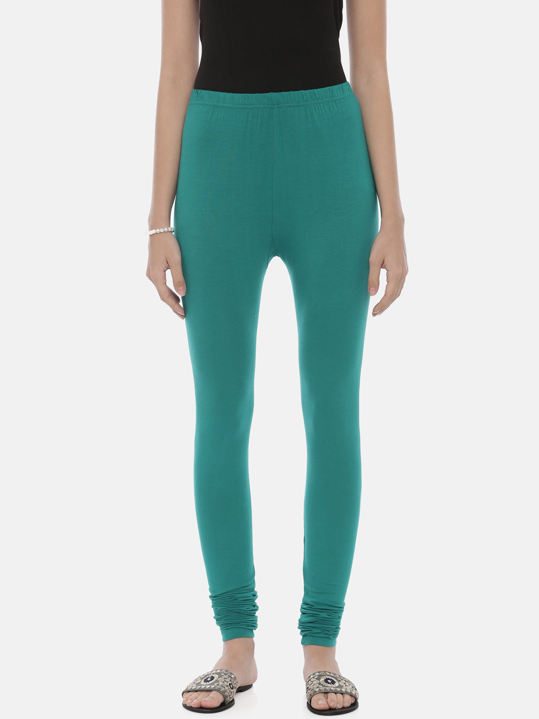 Neerus Green lycra solid leggings bottom - side view