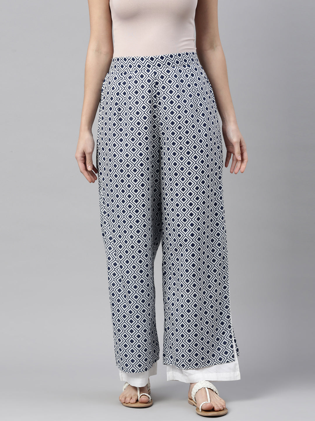 Neerus Blue cotton solid palazzo bottom - back view