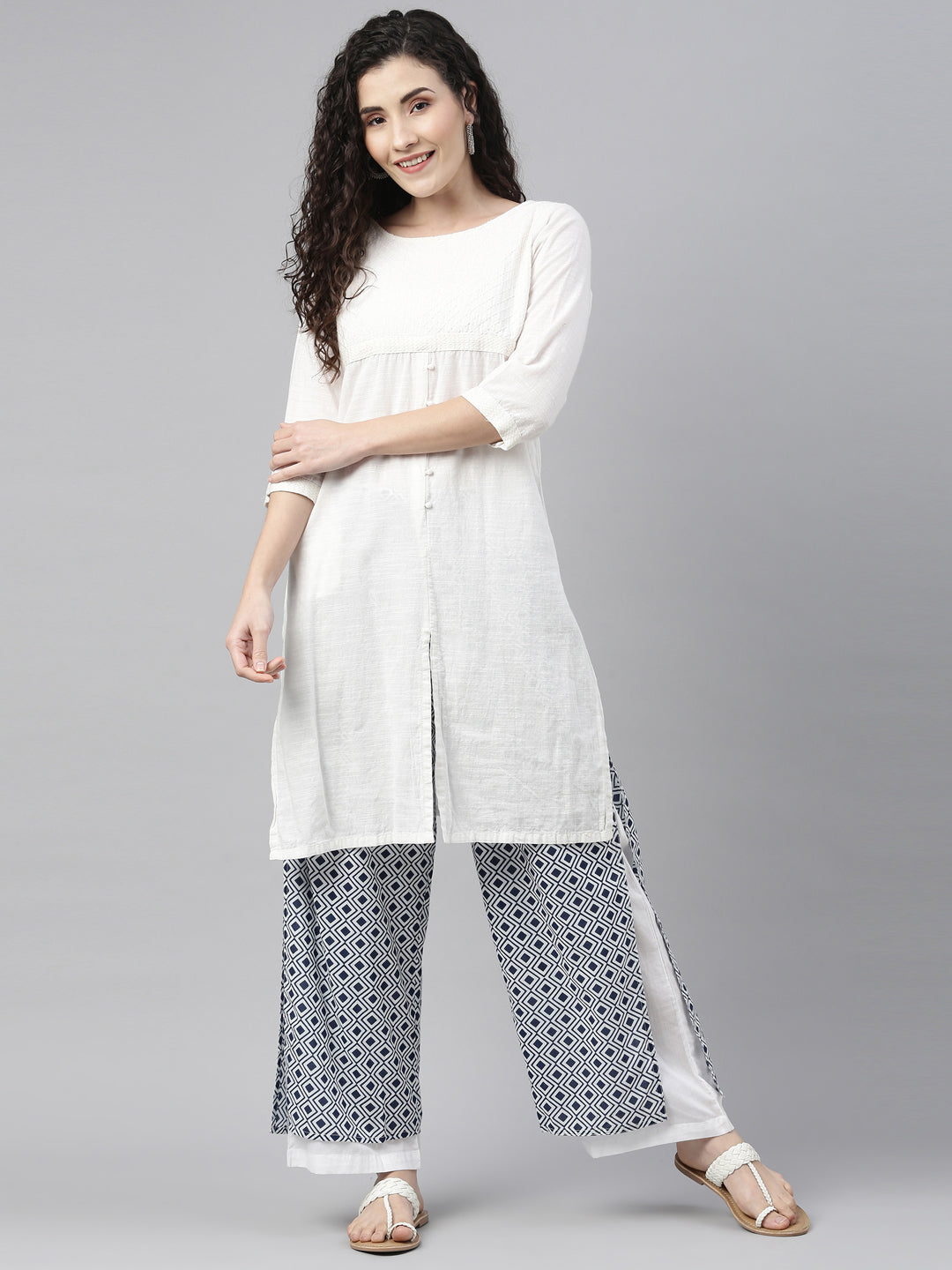 Neerus Blue cotton solid palazzo bottom - front view
