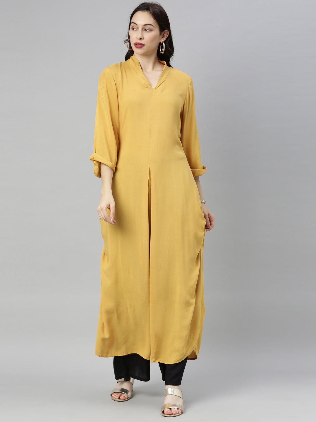 Neerus Yellow embroidered high-low kurta - front view