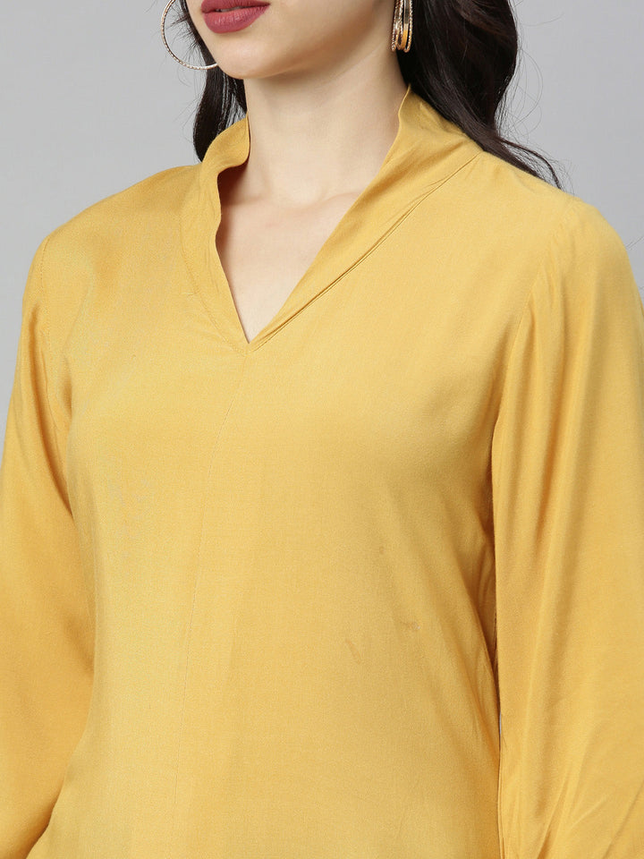 Neerus Yellow embroidered high-low kurta - back view