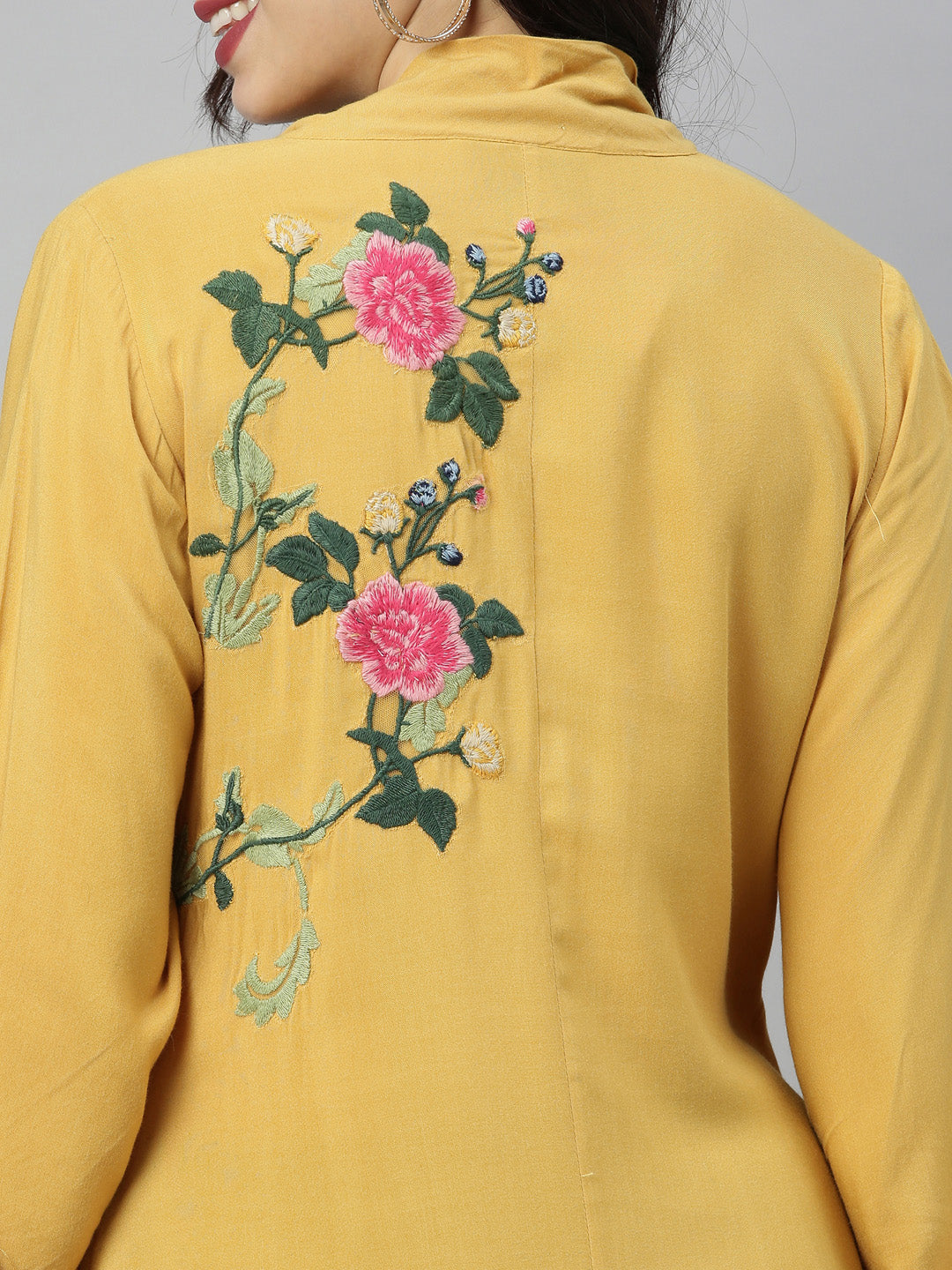 Neerus Yellow embroidered high-low kurta - side view
