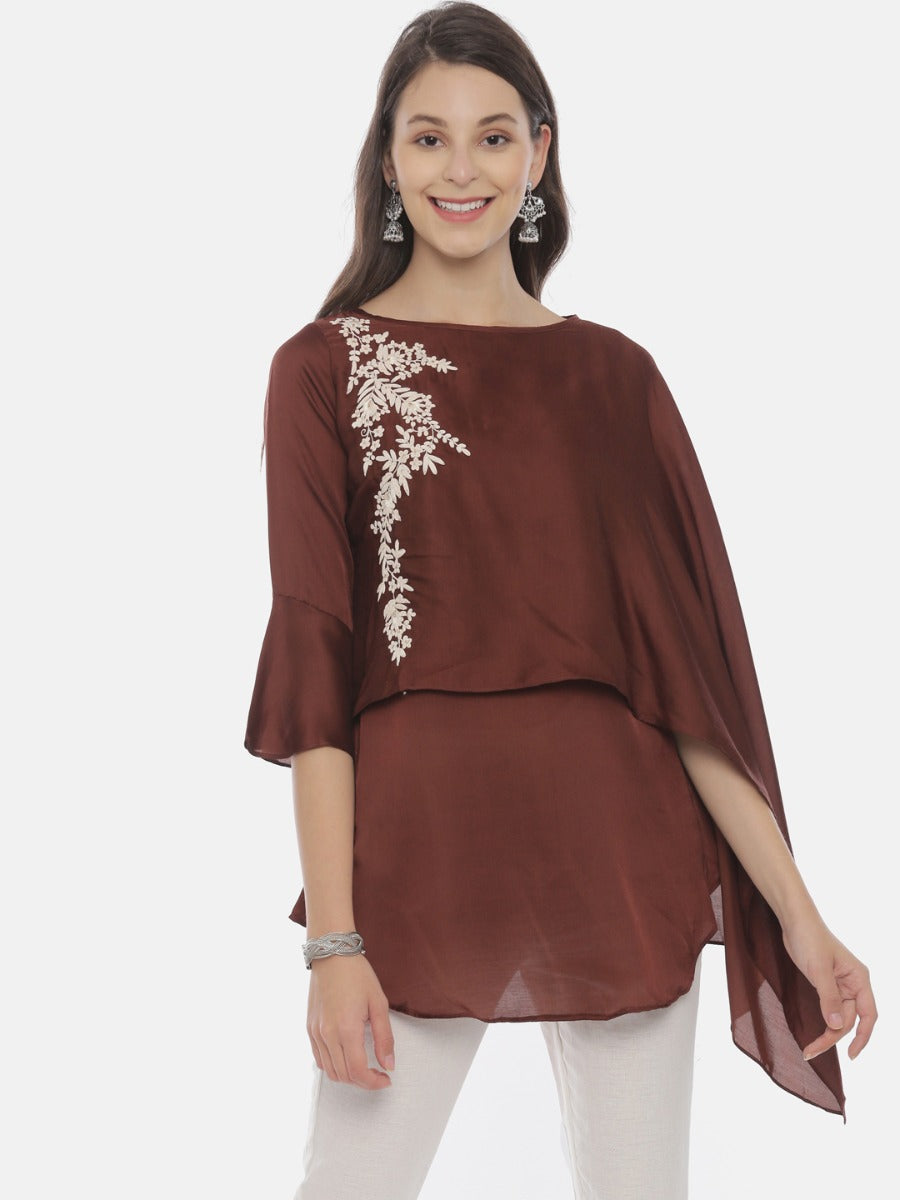 Neerus Brown embroidered A-line kurti - back view