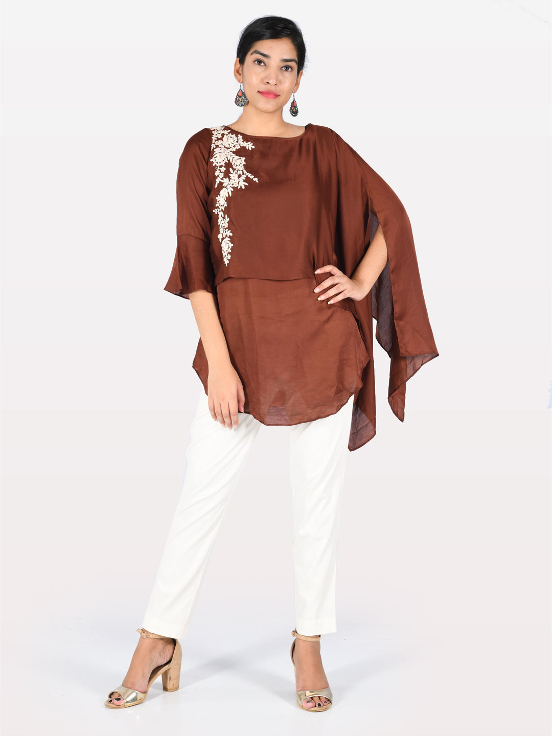 Neerus Brown embroidered A-line kurti - detail view 4