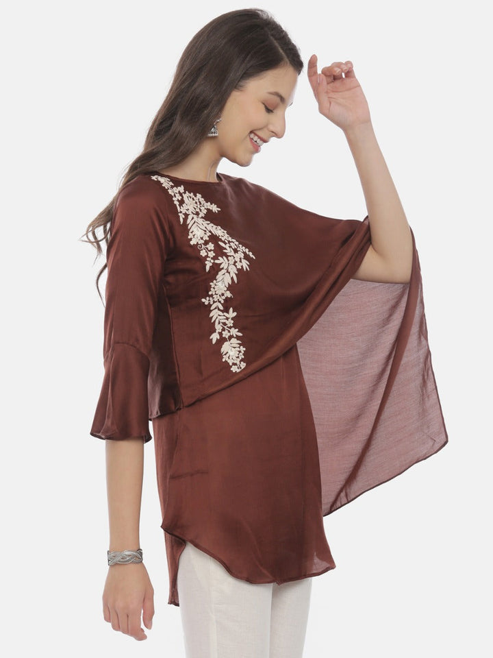 Neerus Brown embroidered A-line kurti - detail view 2