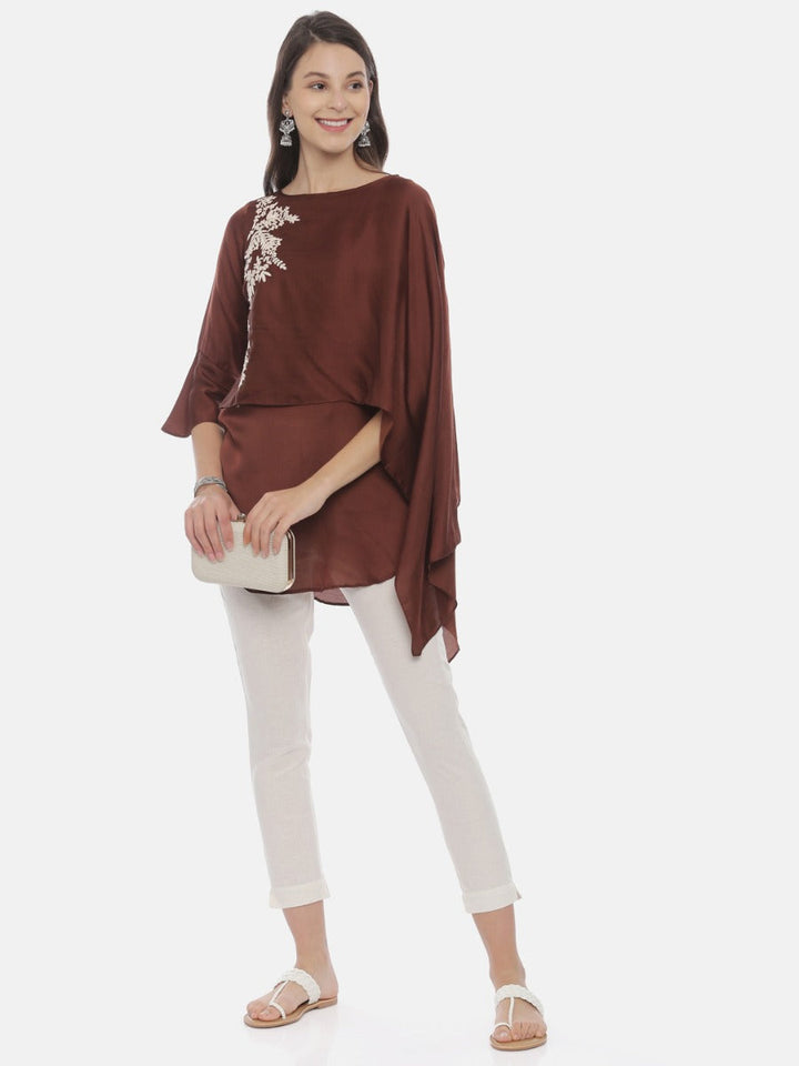 Neerus Brown embroidered A-line kurti - front view