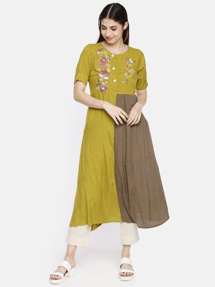 Neerus Green rayon embroidered A-line kurti - front view