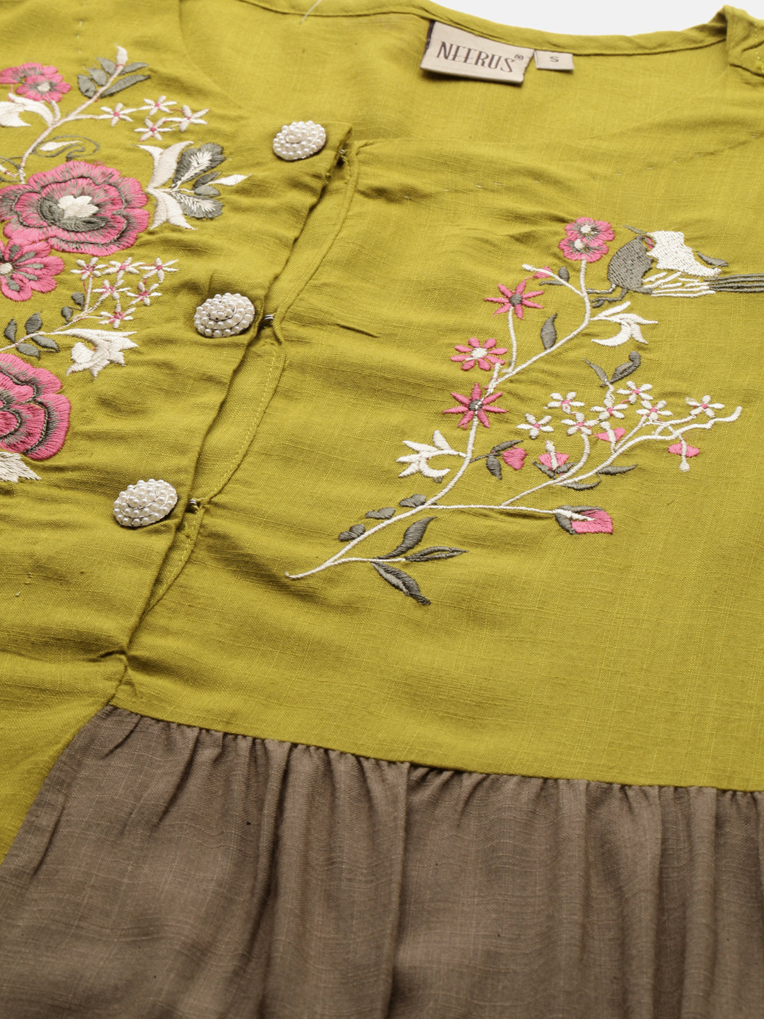 Neerus Green rayon embroidered A-line kurti - back view