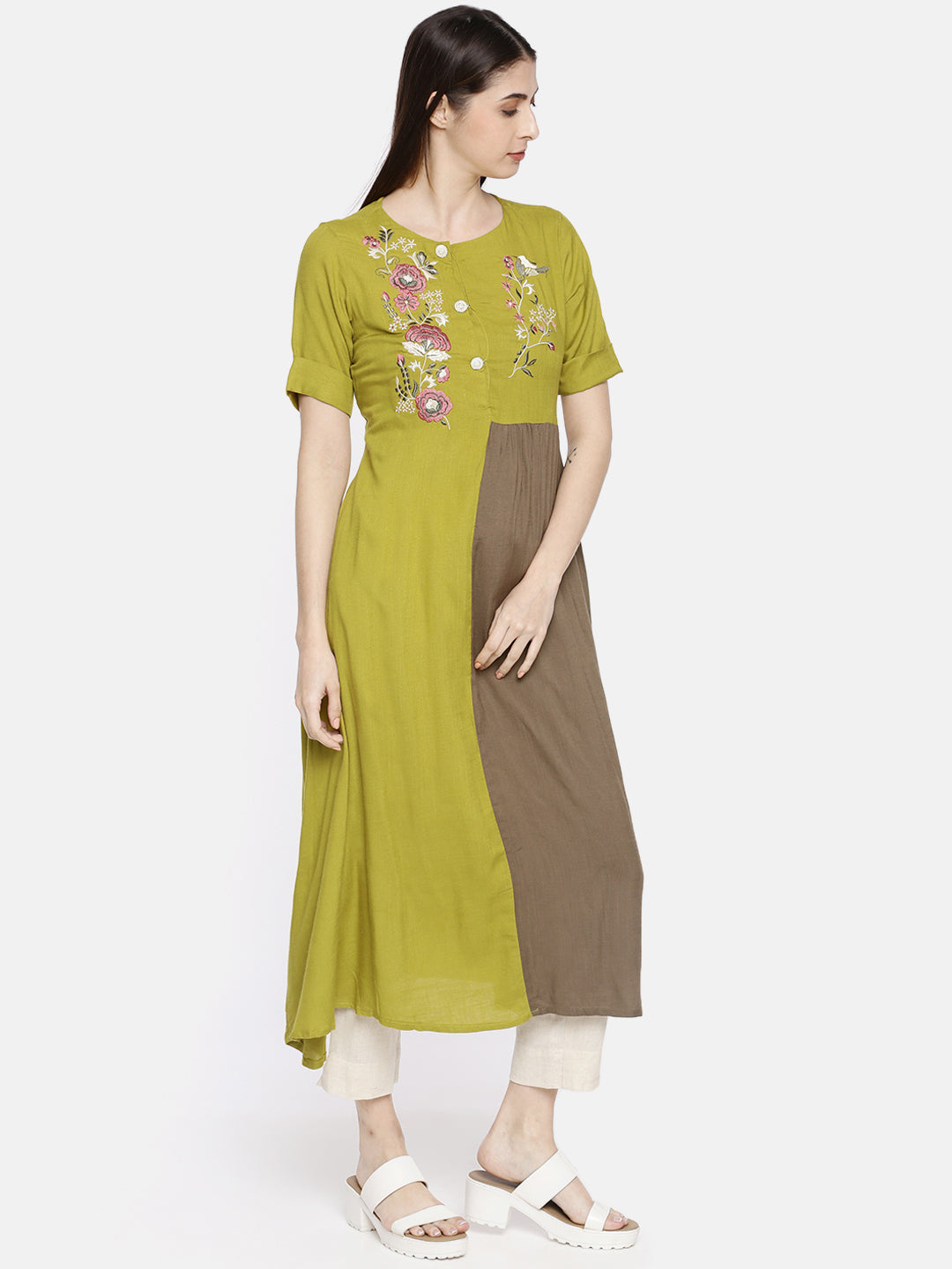 Neerus Green rayon embroidered A-line kurti - side view