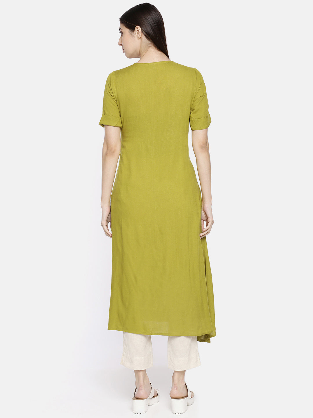 Neerus Green rayon embroidered A-line kurti - detail view 1