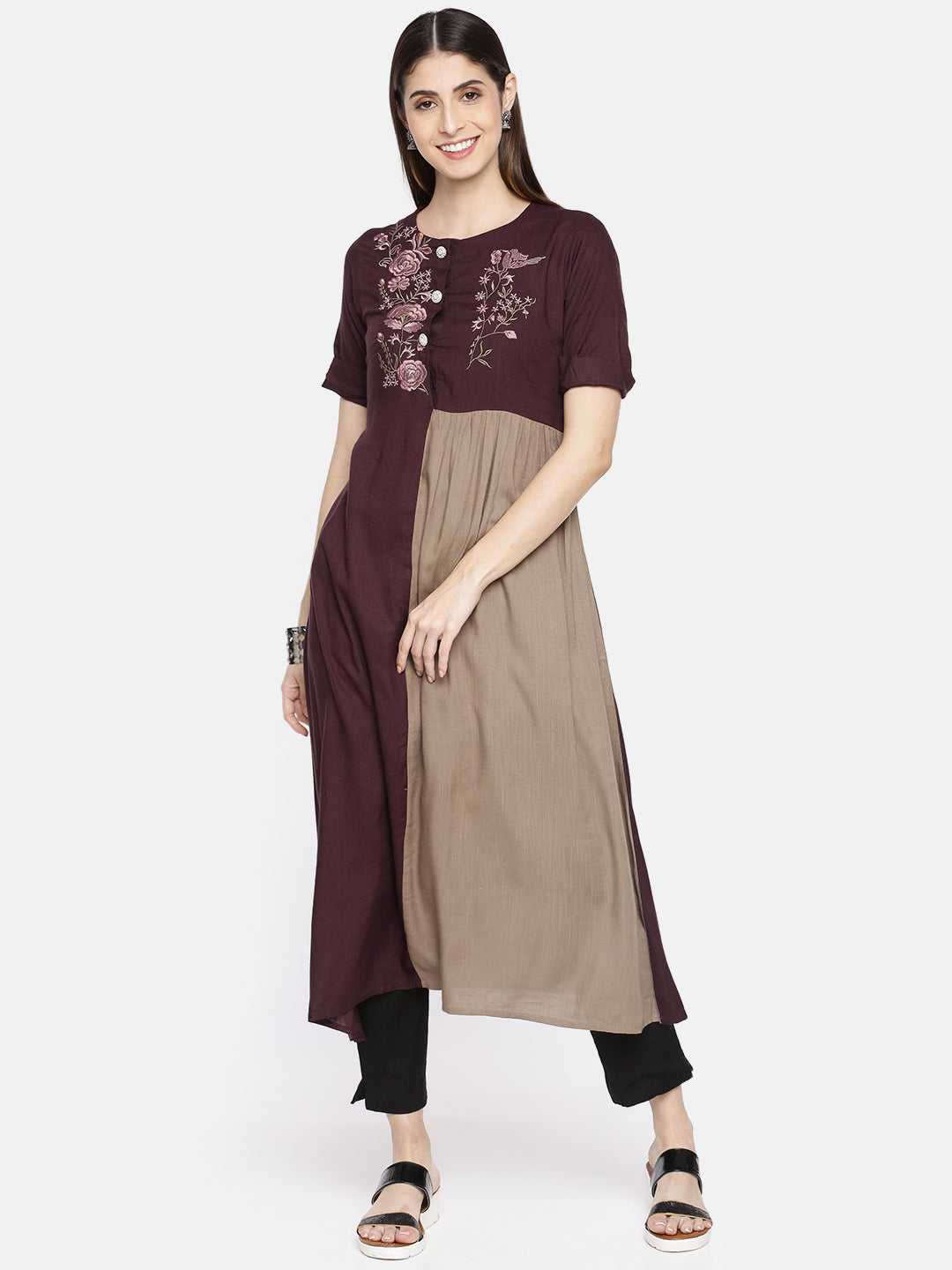Neerus Maroon viscose rayon colourblocked straight kurti - front view