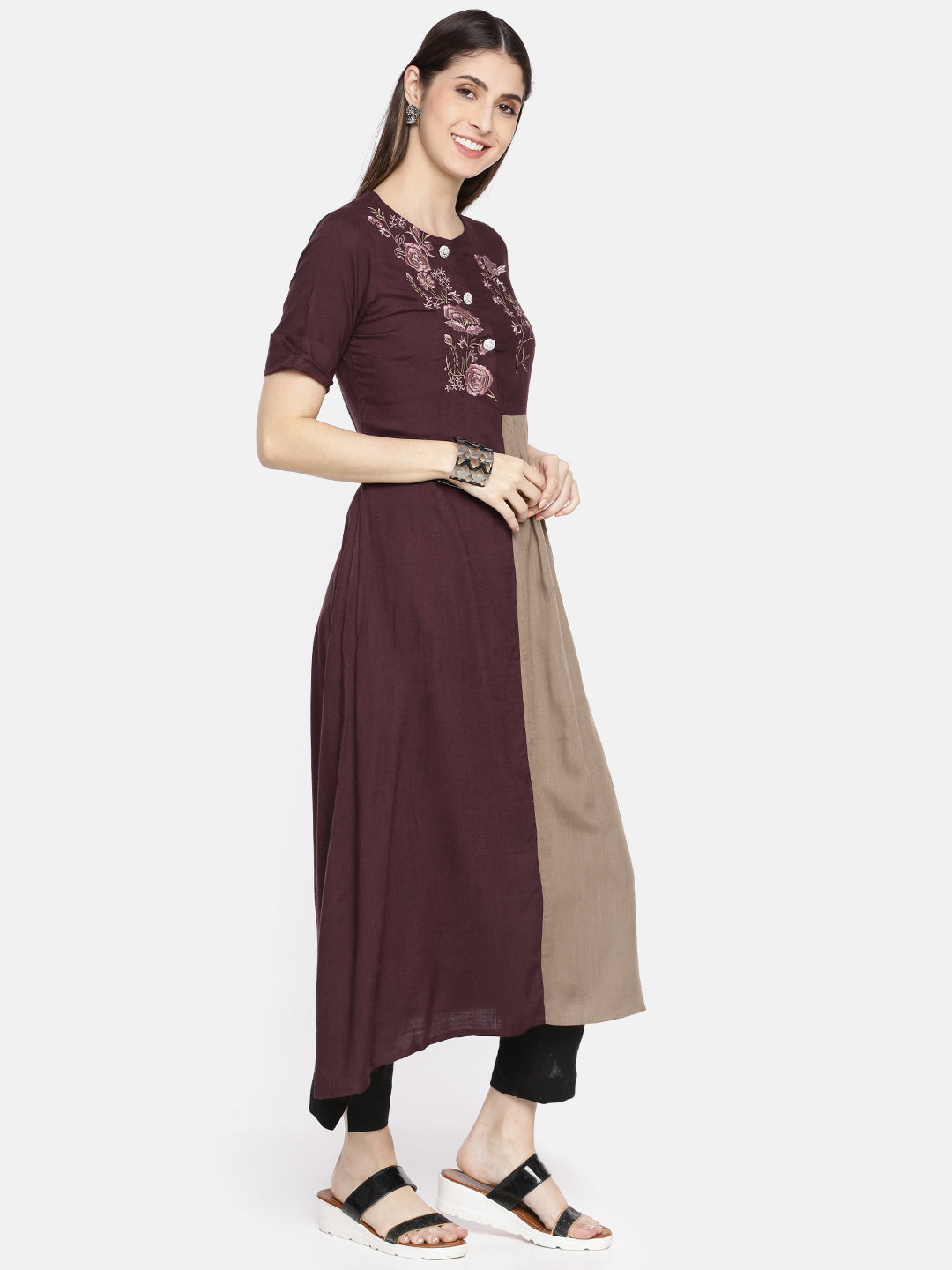 Neerus Maroon viscose rayon colourblocked straight kurti - side view