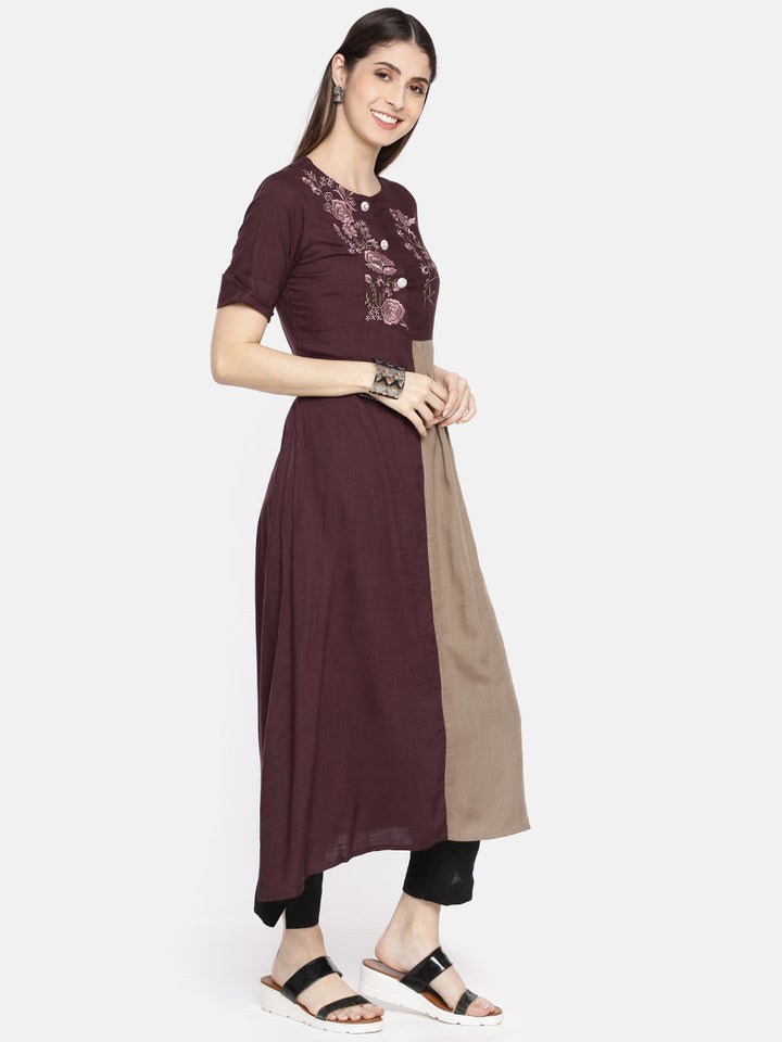 Neerus Maroon viscose rayon colourblocked straight kurti - side view