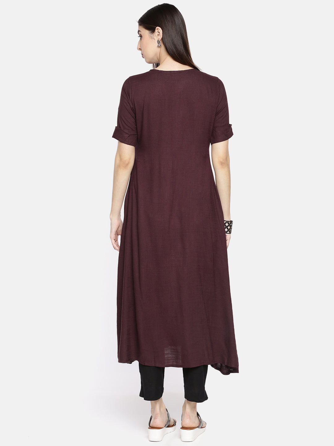 Neerus Maroon viscose rayon colourblocked straight kurti - detail view 1