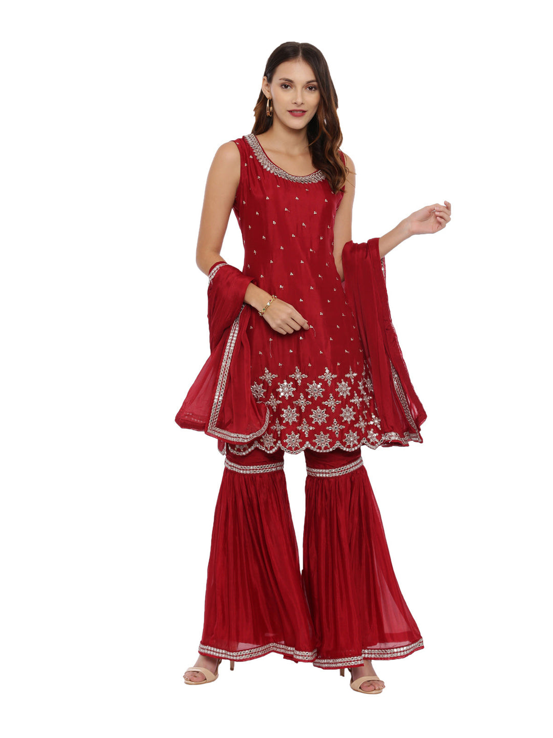 Neerus Maroon Georgette Embellished Suit Set - front view