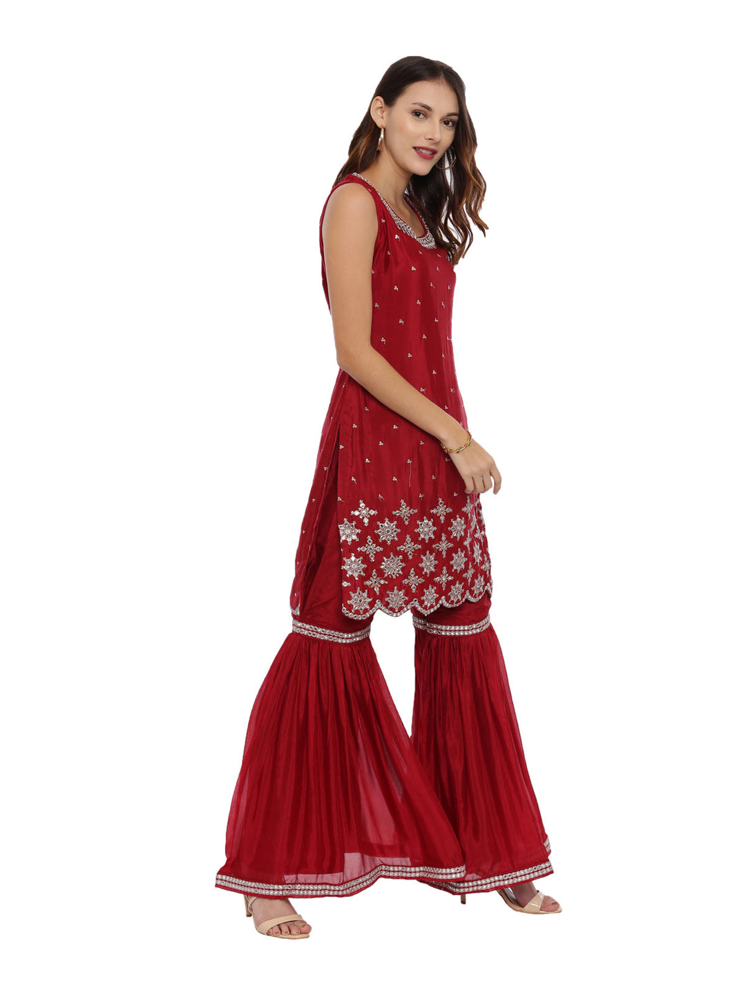 Neerus Maroon Georgette Embellished Suit Set - side view