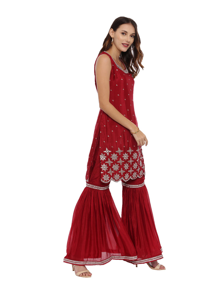 Neerus Maroon Georgette Embellished Suit Set - side view