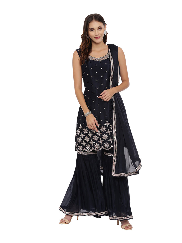 Neerus Blue embellished sharara set kurta dupatta - front view